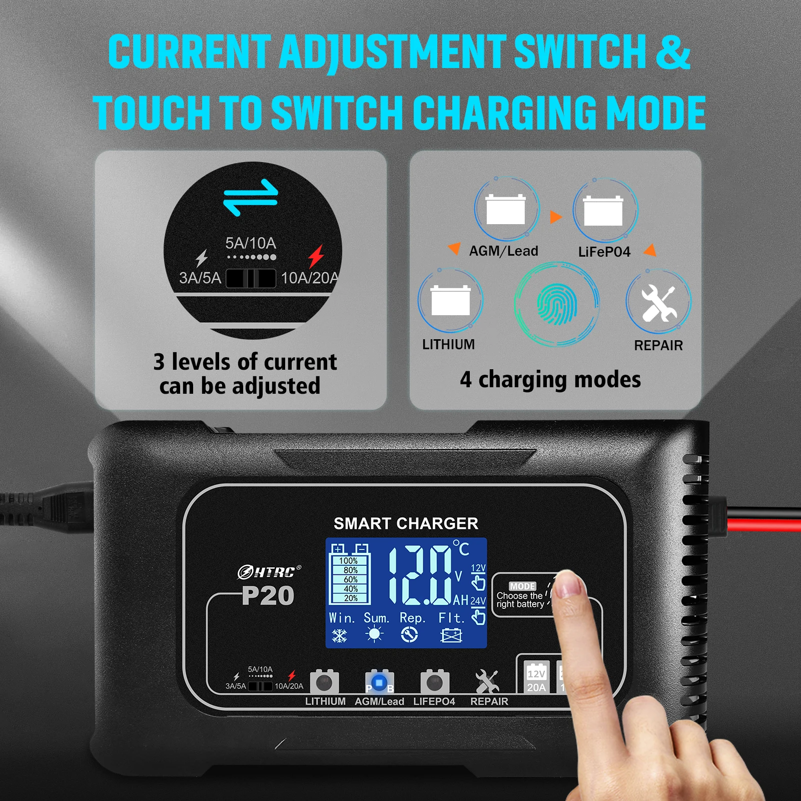 new htrc 20a automatic motorcycle charger for lithium lead acid lifepo4 battery 12v20a 24v10a 7 stage car battery charger free global shipping