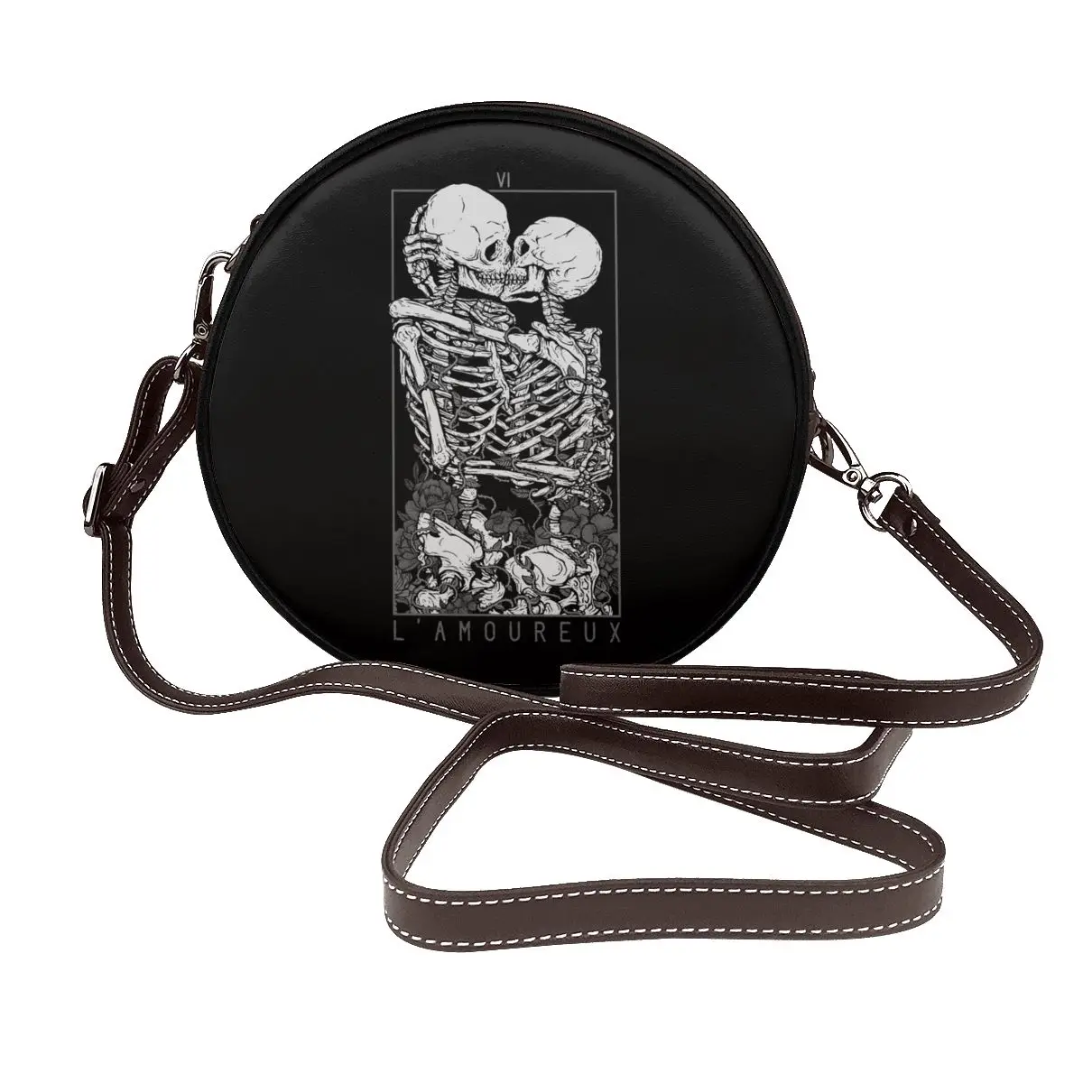 

The Lovers Skull Shoulder Bag Tarot Student Gifts Round Bag Funny Leather Shopping Purse