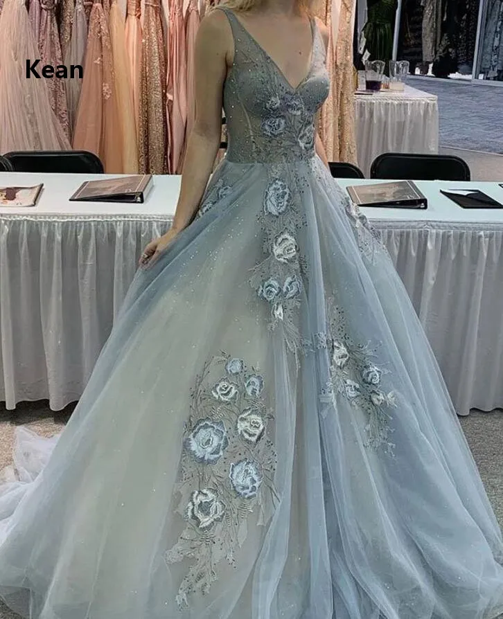 

Silver Prom Dresses Deep-v A-Line Lace Illusion Special Occasion Party Dress Prom Gown Evening Dresses Robe De Soiree vestidos