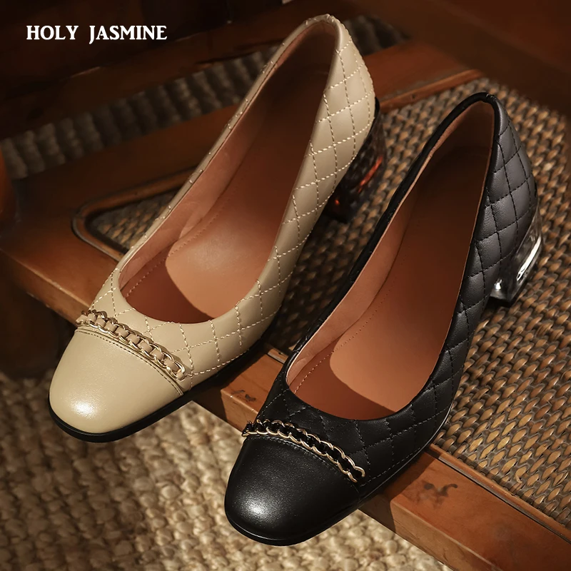 

Shoes Woman Heels Women Round Toe Pumps Shoes Fashion Metal Chain Decor Shoes Crystal Heel Footwear Spring New 2021 Party Shoes