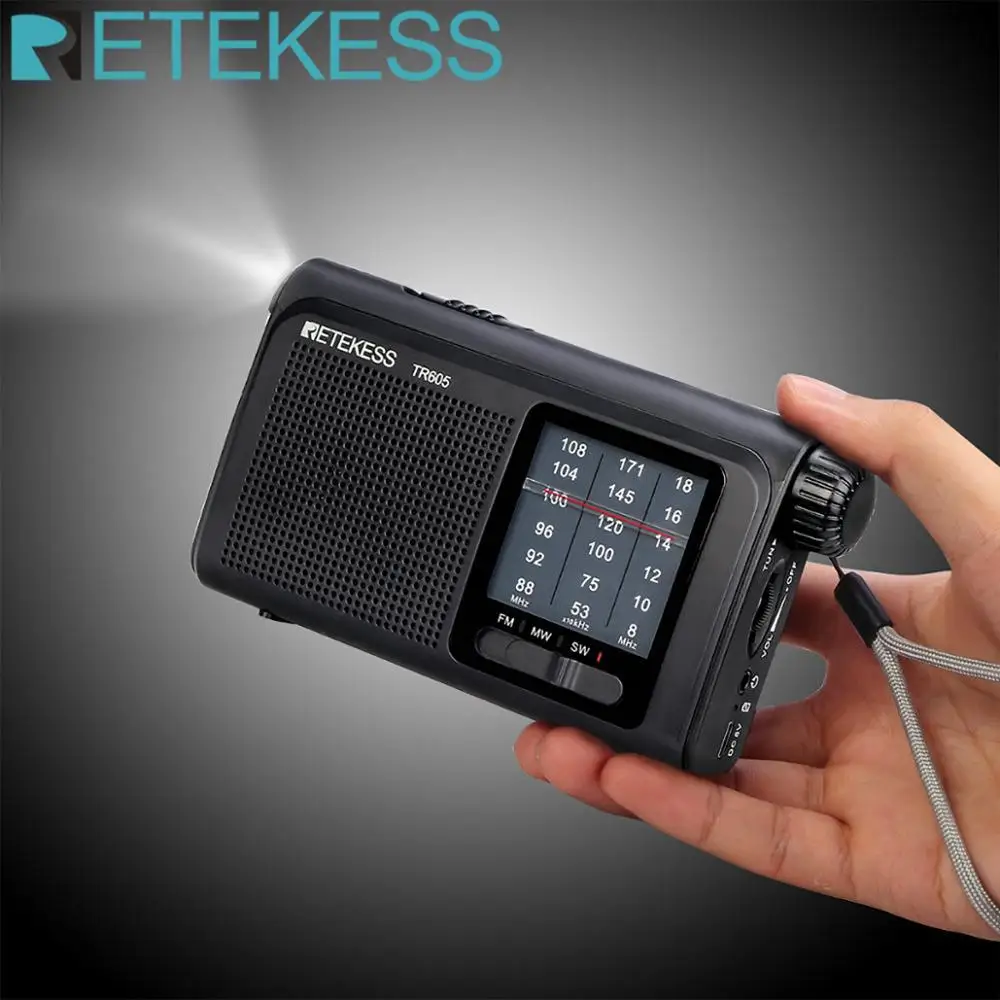 Retekess TR605 портативный радио FM/MW/SW аварийный фонарик с перезаряжаемой батареей