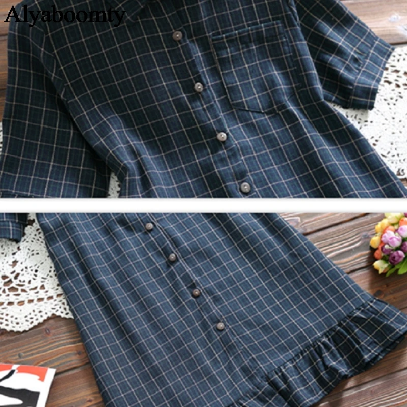 Летнее женское платье-рубашка в японском стиле преппи винтажное клетчатое