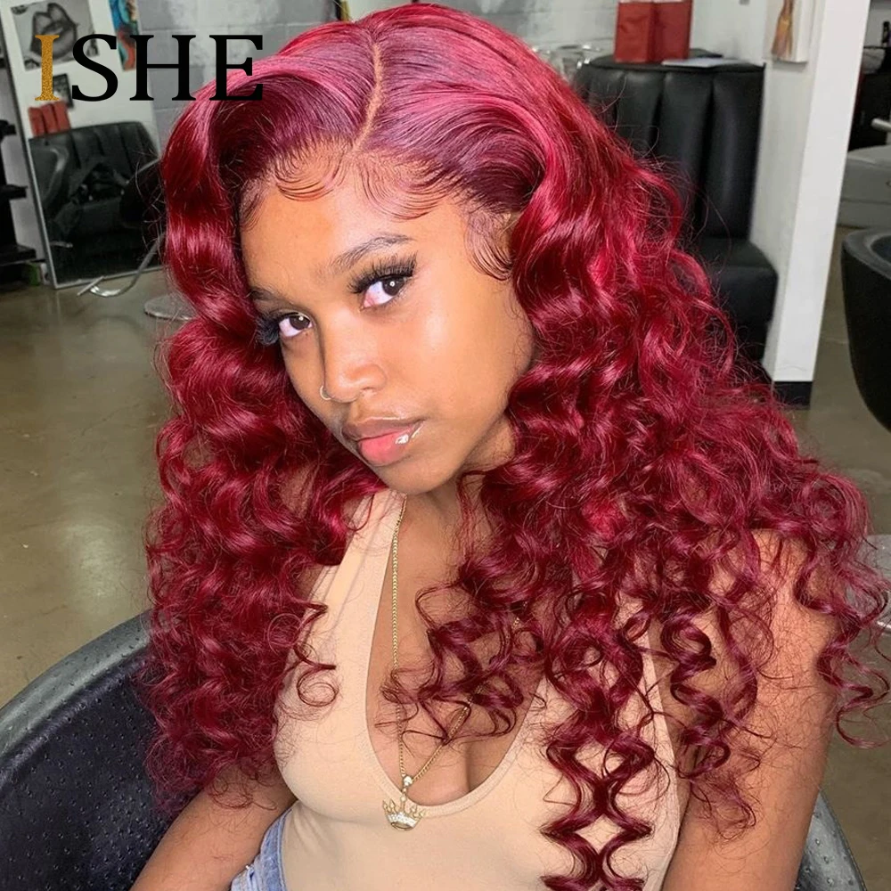 

Burgundy Red 13x4 Lace Front Human Hair Wig 99j Colored Loose Curly Human Hair Wigs For Black Women Pre Plucked Remy 150 ISHE