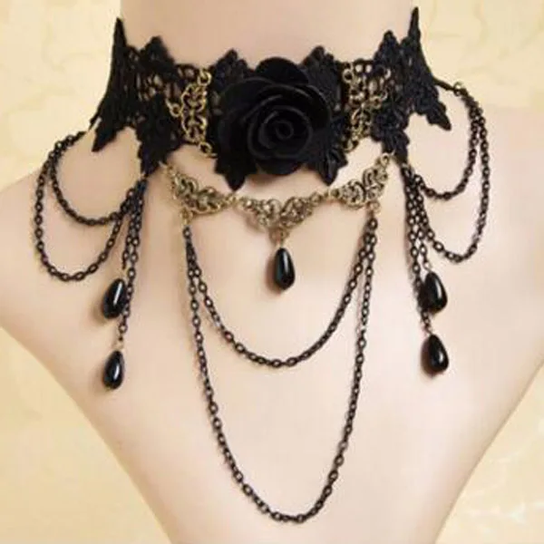 E Новые Collares сексуальные Чокеры в готическом стиле кристально черное кружевное ожерелье, колье винтажное викторианское женское чокер стимпанк ювелирные изделия - Окраска металла: E