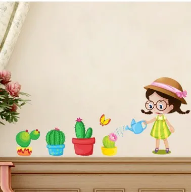 2 предмета в комплекте Wall Art Наклейки с нарисованной девочкой, полива растений узор Спальня детской комнаты детский сад украшения настенные наклейки 30*45 см