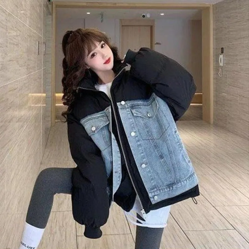 

Thicken Parkas Women Denim Stitching Down Cotton Jacket 2021 Winter Female Korean Warm Student Loose Coat Outwear Plus Size 3XL