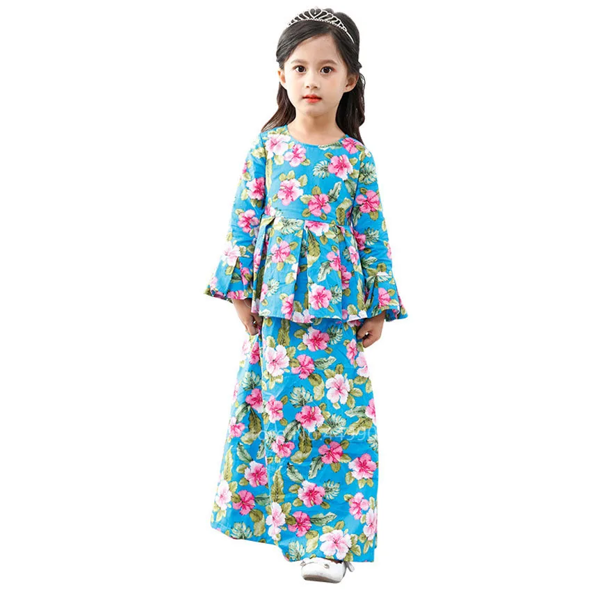 

2020 Baby Girls Fashion Floral Printed Muslim Dashiki Dress Islamic Middle East Kids Dubai Long Sleeve Ramadan Kaftan Abaya Gown