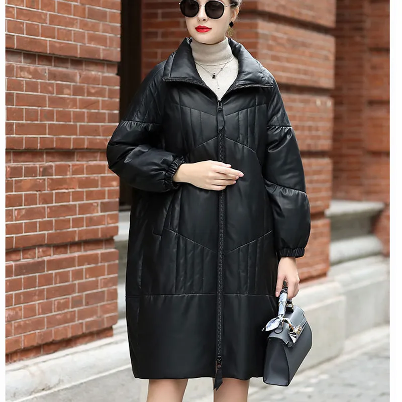 Leather Down Jacket Women's Winter Sheepskin Silhouette Long Thickened Loose Coat Lapel Warm Genuine Leather Tops