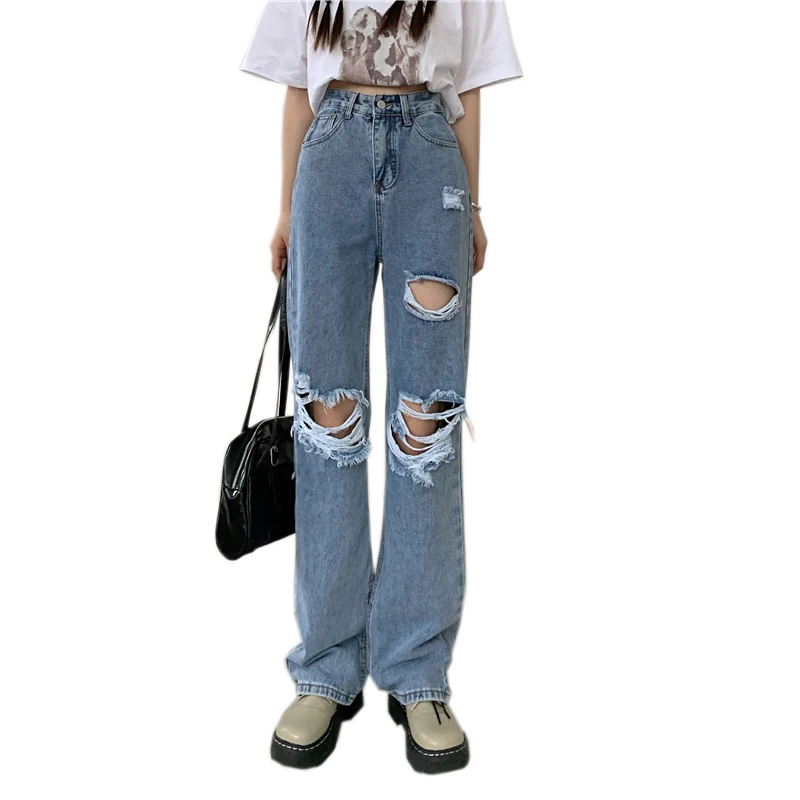 

High Waisted Women Ripped Jeans Korean Fashion Streetwear Wide Leg Casual Baggy Straight Ladies Denim Pants 2021 Summer