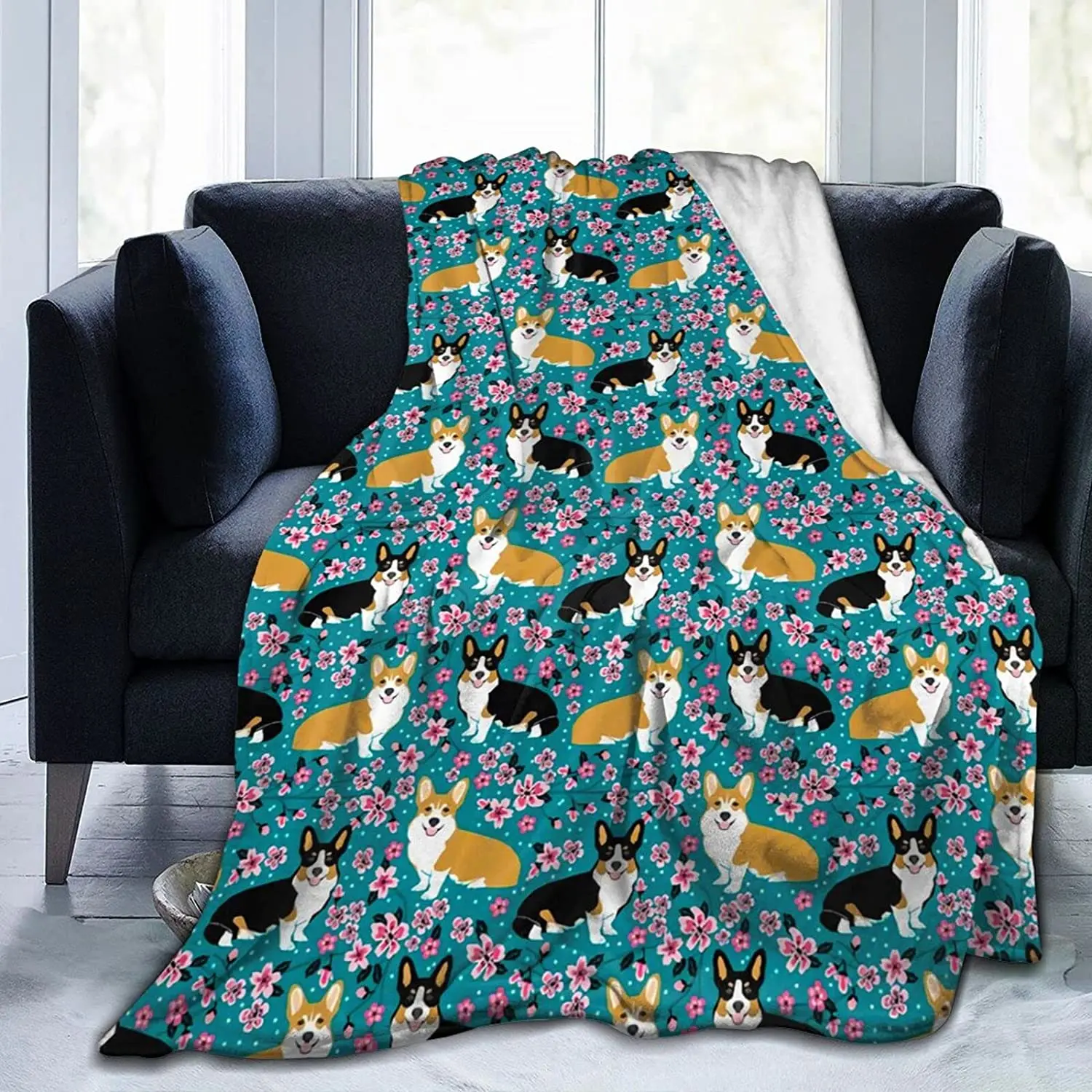 

Corgi Florals Throw Blanket Flannel Bed Blanket Cozy Plush Blanket