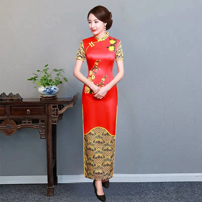 Женское платье Ципао черное шелковое винтажное с цветочным принтом длинное