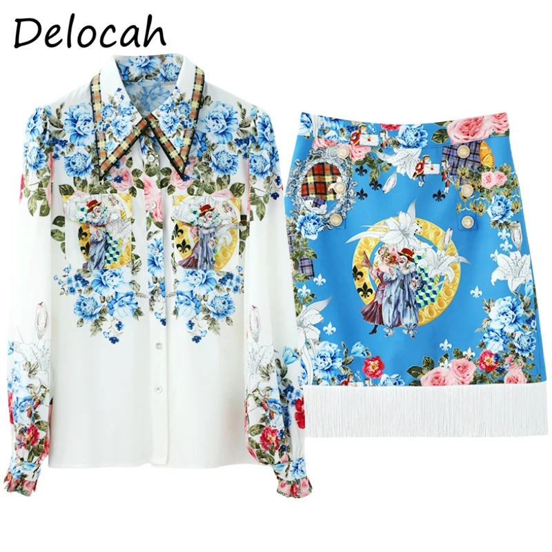 

Delocah Women Summer Fashion Runway Skirt Set Lantern Sleeve Print Loose Blouses + High Waist A-Line Skirts 2 TwoPiecesSuits
