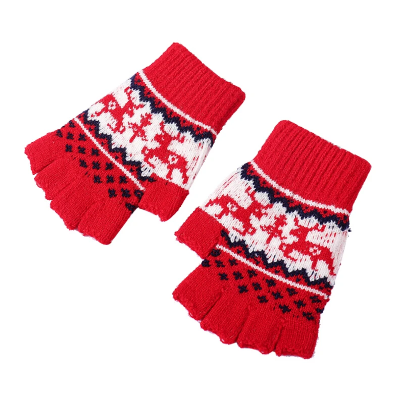 Осенне зимние женские вязаные перчатки без пальцев милые рождественские для