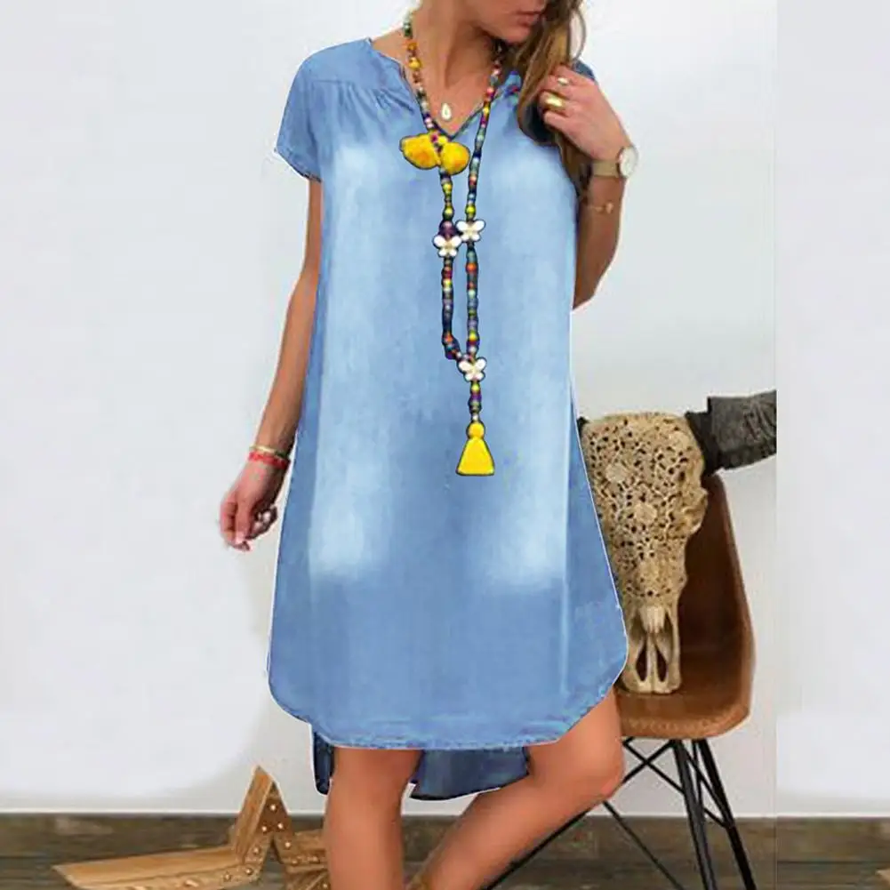 

Women Stylish V Neck Short Sleeve High-low Hem Loose Knee-length Denim Dress