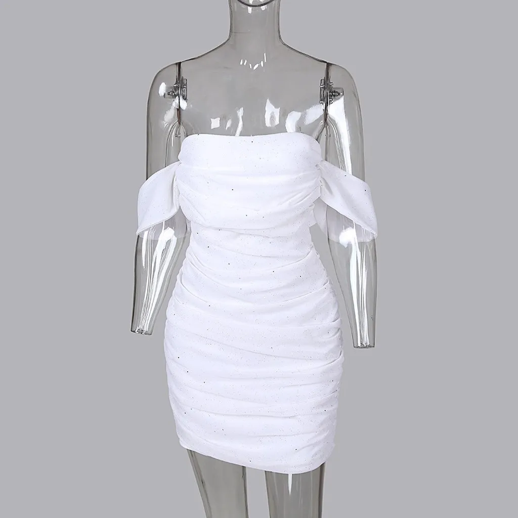 Сексуальное платье без бретелек женское модное с открытыми плечами бандо белое