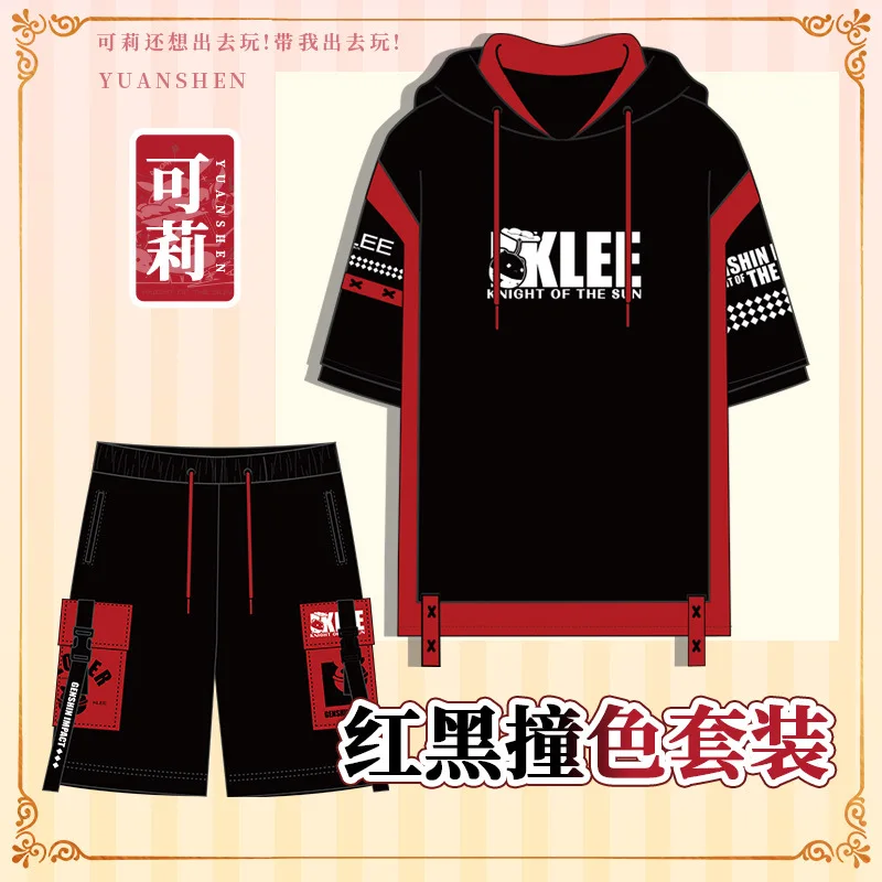 

Anime Genshin Impact Klee Theme Fashion Hooded Short Sleeve T-shirt Tee Summer Student Casual Pullover Tops Shorts Set Cosplay