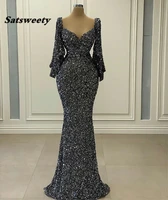 luxury black sequined mermaid prom dress 2022 robe de soiree long sleeve prom gowns formal evening dresses evening gowns
