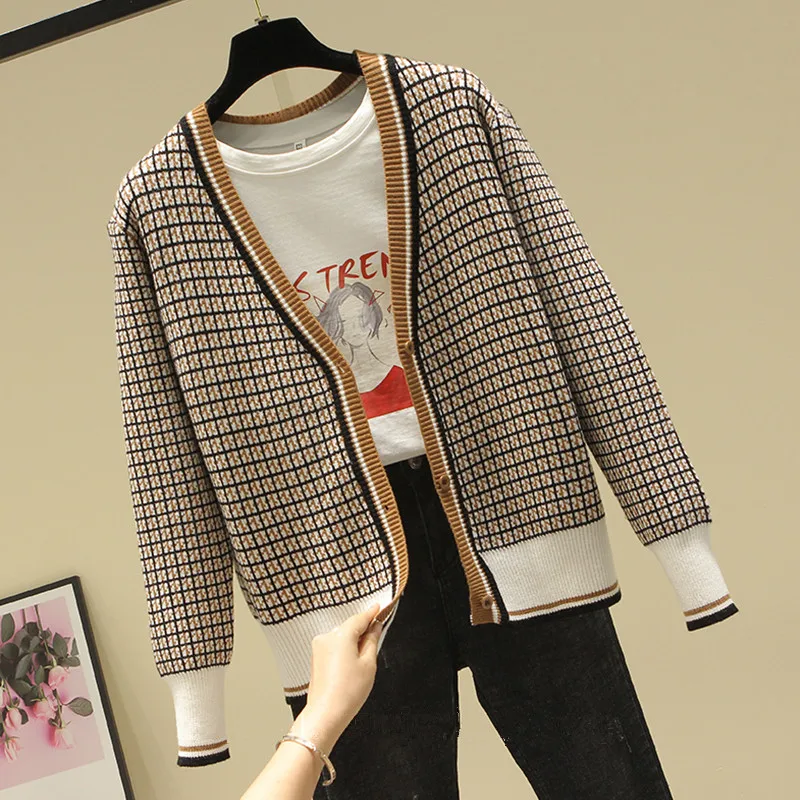 

2019 Новая Осенняя Корейская версия кардиган короткое пальто женское повседневное свободное большое размер клетчатое пальто с v-образным выр...