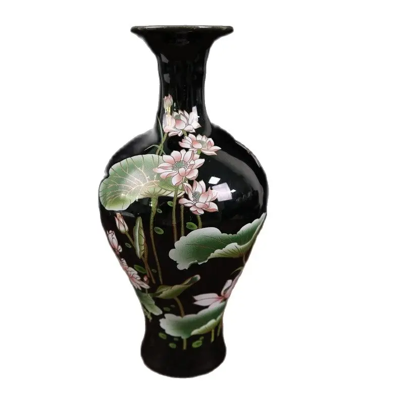 

Chinese Old Porcelain Black Gold Glaze Powder Color Flower Pattern Vase