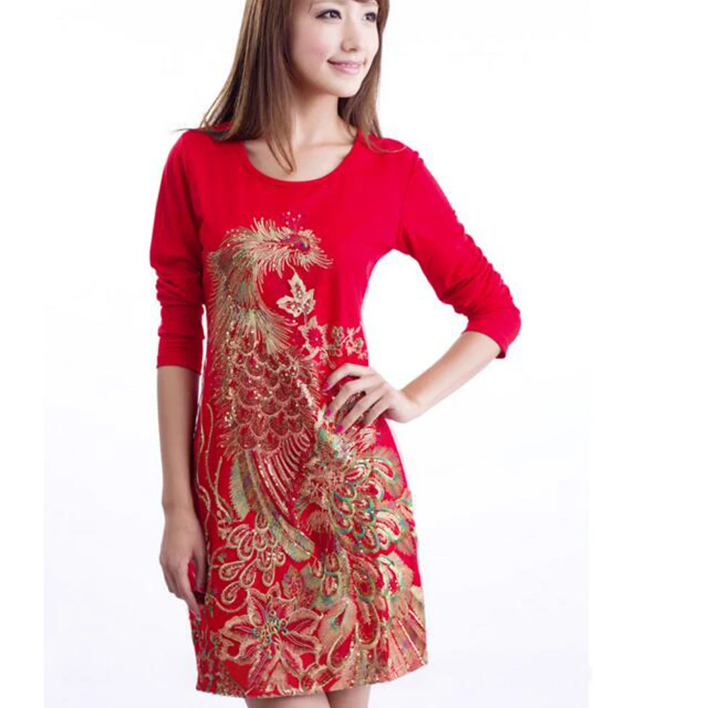 Женское винтажное платье с длинным рукавом и вышивкой Феникс красное Цветочное в