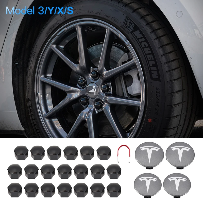 

Tesla Model 3 Y S X Wheel Cap Kit Center Cap Hub Lug Nut Cover Black Red White Grey with 4 Center Cap 20 Lug Nut Cover