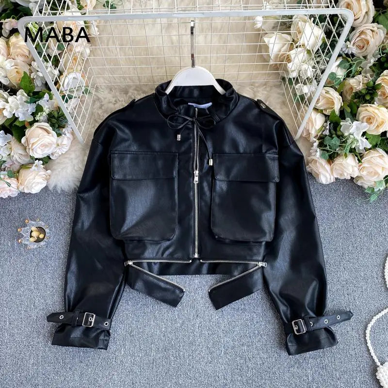 

Fashion Designer Faux Leather Jacket Autumn Winter New Women Stand Collar Long Sleeve Zipper Black Pu Leather Moto Short Coat