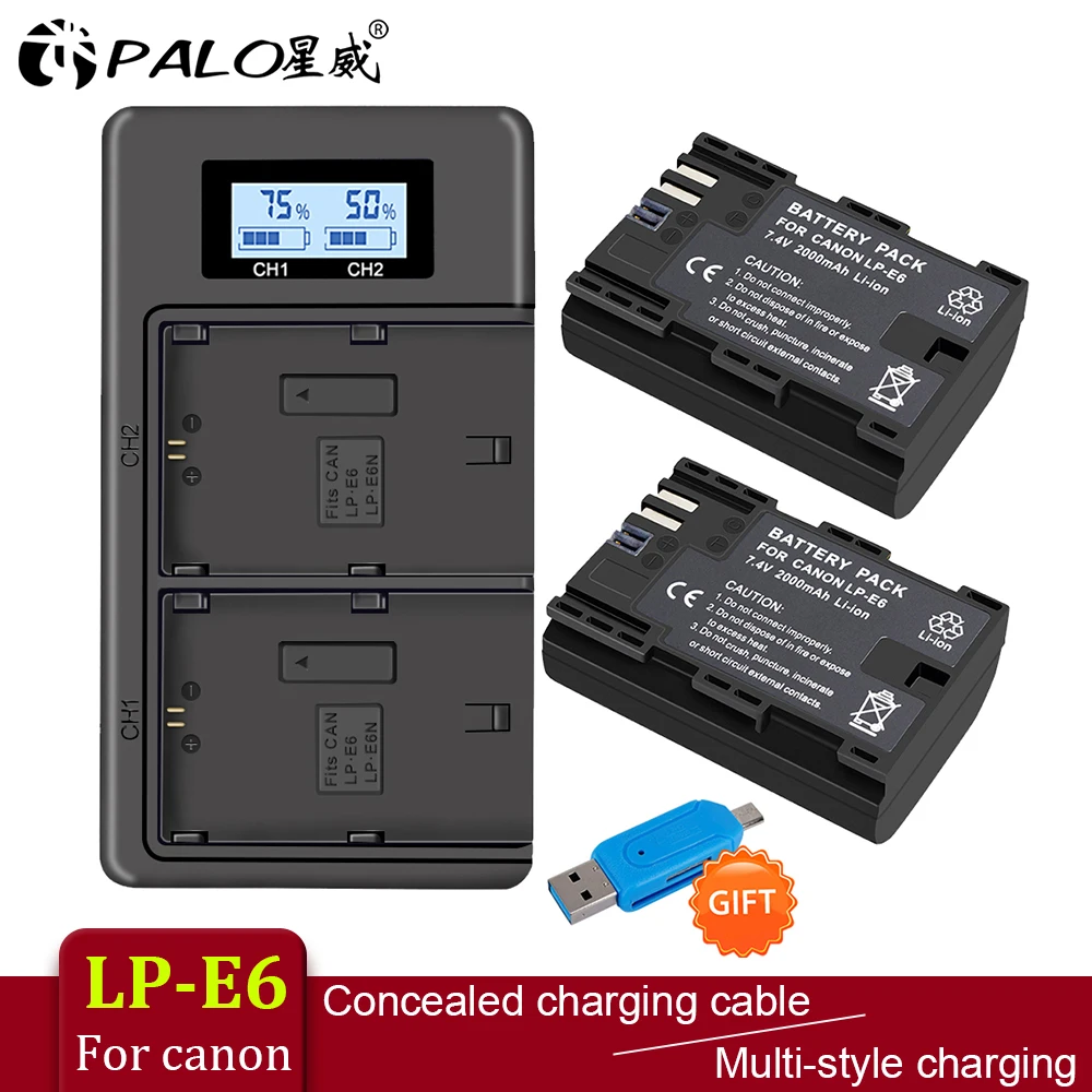 PALO 2 шт. LP-E6 цифровой аккумулятор+ ЖК-дисплей поставляется с USB LP E6 батареи зарядное устройство для Canon EOS 5D Mark IV 7D Mark II 6D 70D