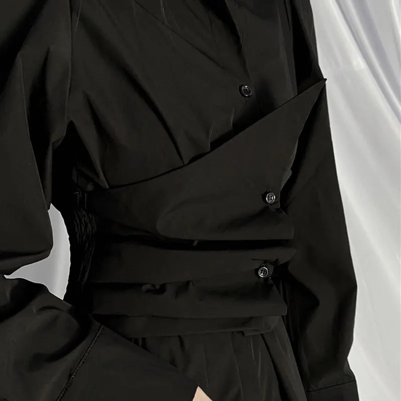 

XITAO Black Irregular Dress Splicing Bandage Fashion Personality New Women Temperament Turn-down Collar Shirt Skirt ZY6376