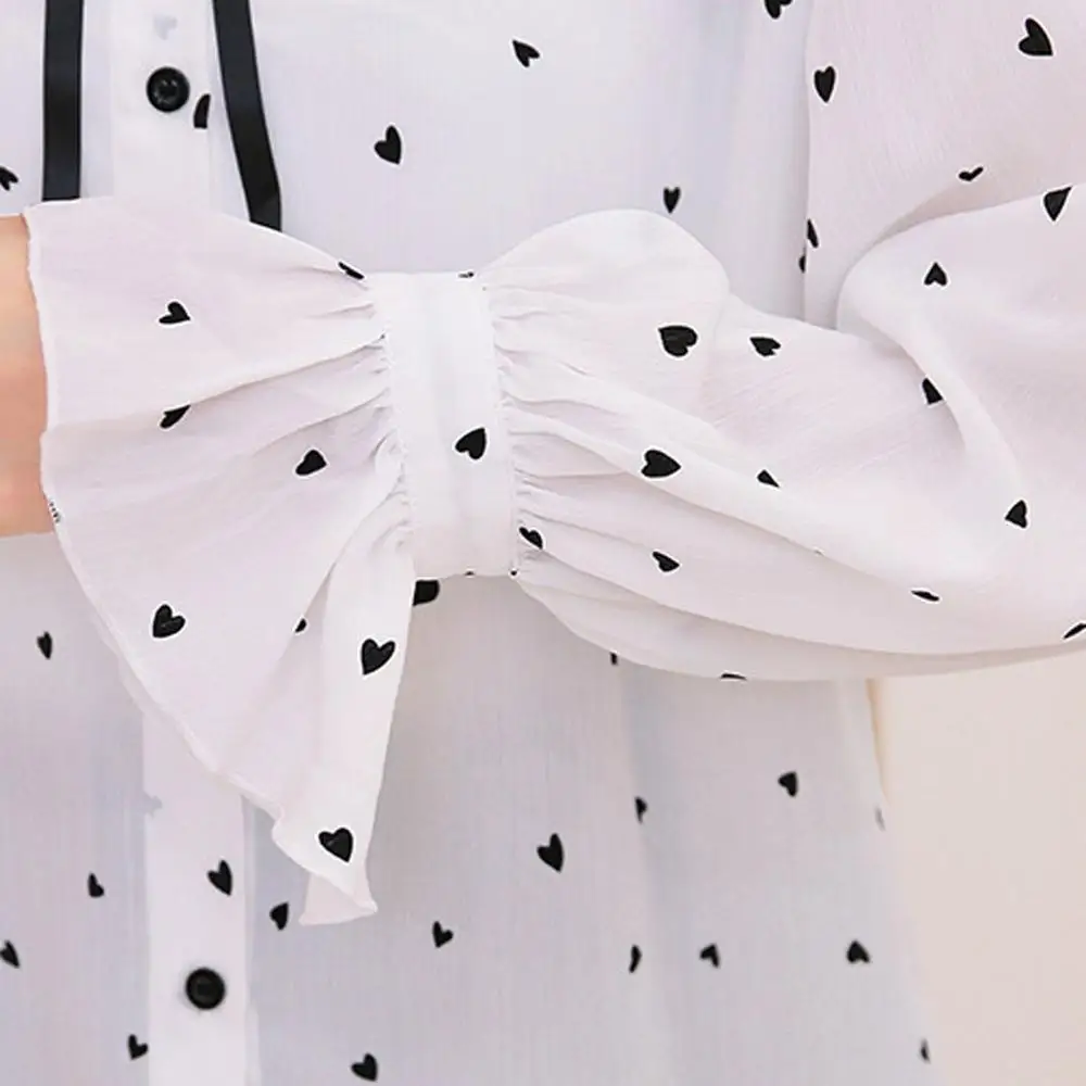 

Printed Flare Sleeve Chiffon Shirt Top For Women Turndown Collar Tie Up Long Sleeve Button Shirt Bottoming Spring Wild Shirts#C3