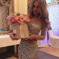 luxury champagne long sleeves beading crystal short prom dress 2020 sheath sparkling birthday party gowns vestidos de noche