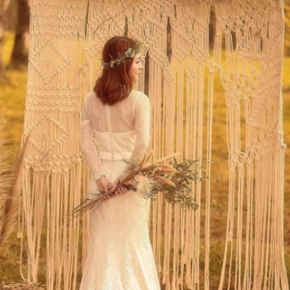 

Large Wedding Woven Tapestry Bohemian Tassel Lace Wall Hanging Chic Wedding Backdrop Party Window Covering Home Decor