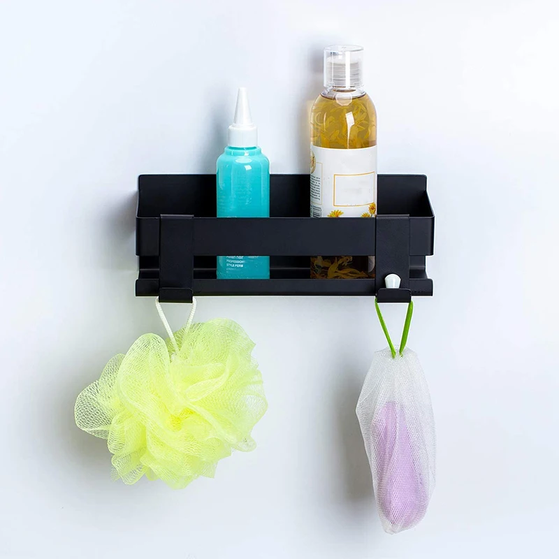 Bathroom Shower Shelf Self Adhesive Without Drilling Basket with Hooks Black 22CM | Дом и сад