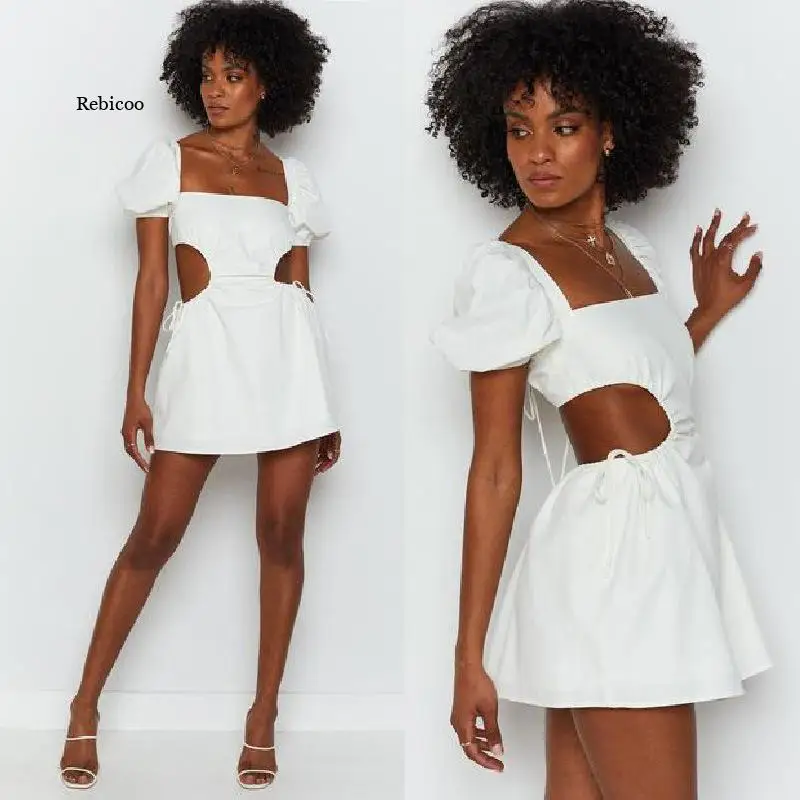 

Summer New Sexy Backless Temperament Women's Square Collar Lace-Up Hollow Out Puff Sleeve A-Line Dress Femme Robe