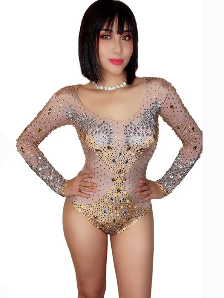 Nightclub Sexy Club Wear Gold Rhinestones Skinny Bodysuit Long Sleeve Stretch Leotard Stage Dance Costume Acrobatics Clothes