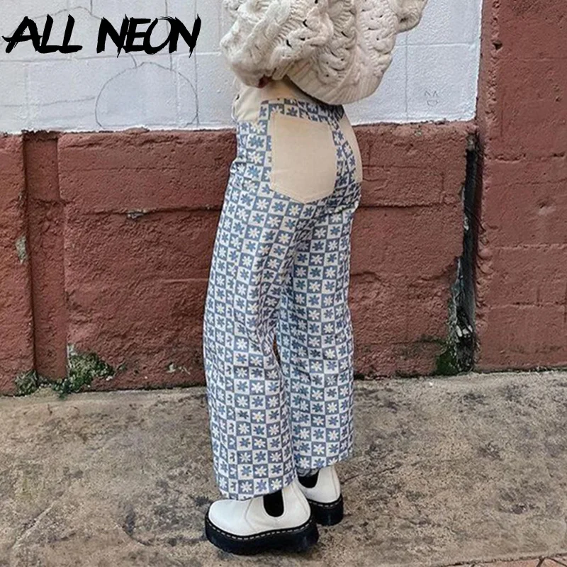 

ALLNeon Streetwear Indie Floral Print Patchwork Baggy Pants Y2K Vintage High Waist Blue Wide-Leg Full Length Trousers 90s Pants