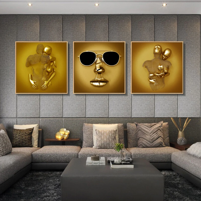 

Metal Figure Statue Canvas Painting Romantic Lover Abstract Gloden Poster and Prints Modern Living Interior Painting Decoration
