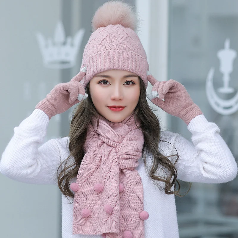 Winter Women Hat Scarf /Gloves Sets Female Three - Piece Knitted Scarf Caps Set for Girl Warm Skullies Beanies Hat