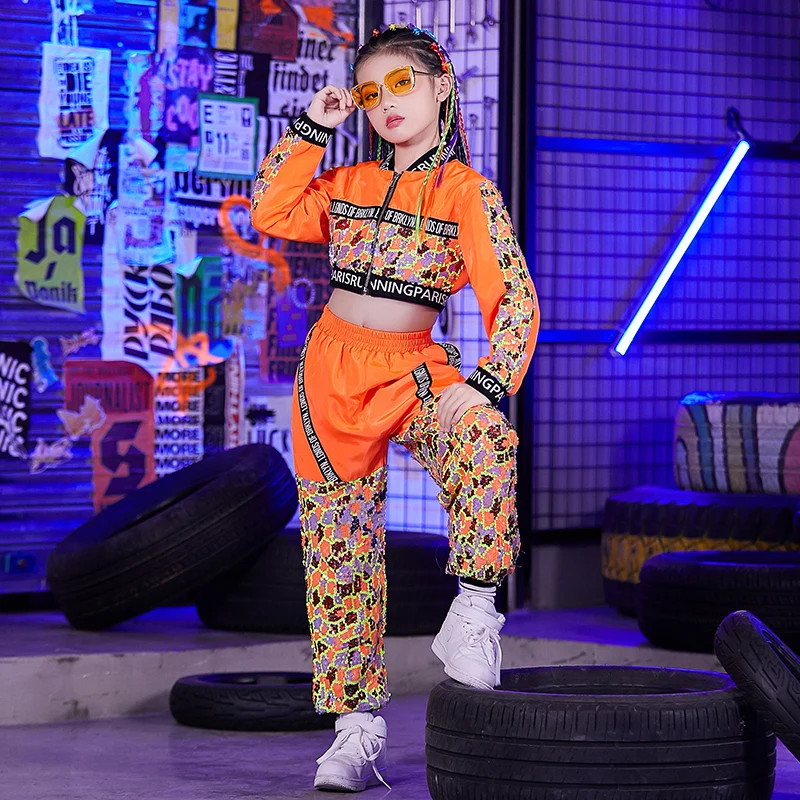 Новинка 2019 Детский костюм для джазовых танцев и представлений девочек оранжевый