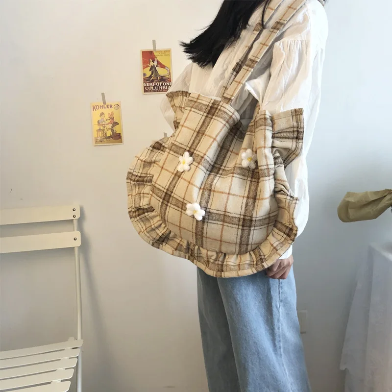 Youda Original Simple Plaid Design Tote Woolen Fabric Pleated Edge Literary Ladies Shoulder Bag Female Student Shopping Handbag