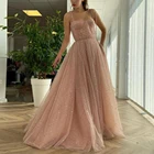 Пыльное розовое вечернее платье, длинное блестящее Тюлевое платье-трапеция на бретелях-спагетти для выпускного вечера