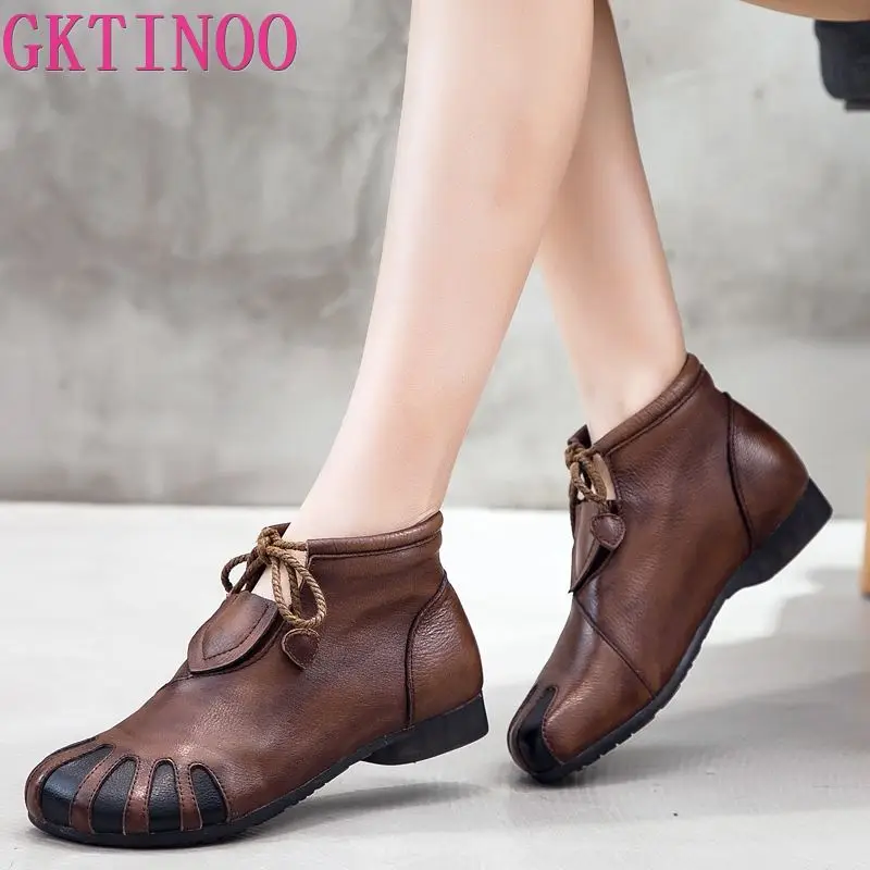 Женские ботинки на плоской подошве GKTINOO винтажные ботильоны из натуральной кожи