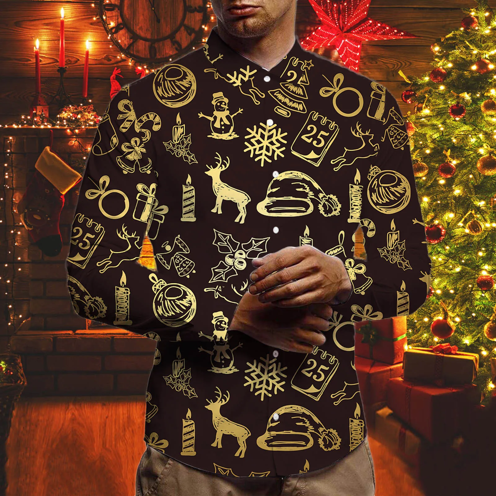 

Winter Top Men's Shirts Printed Casual Sleeve Blouse Christmas Fashion Long Autumn Men Shirts
