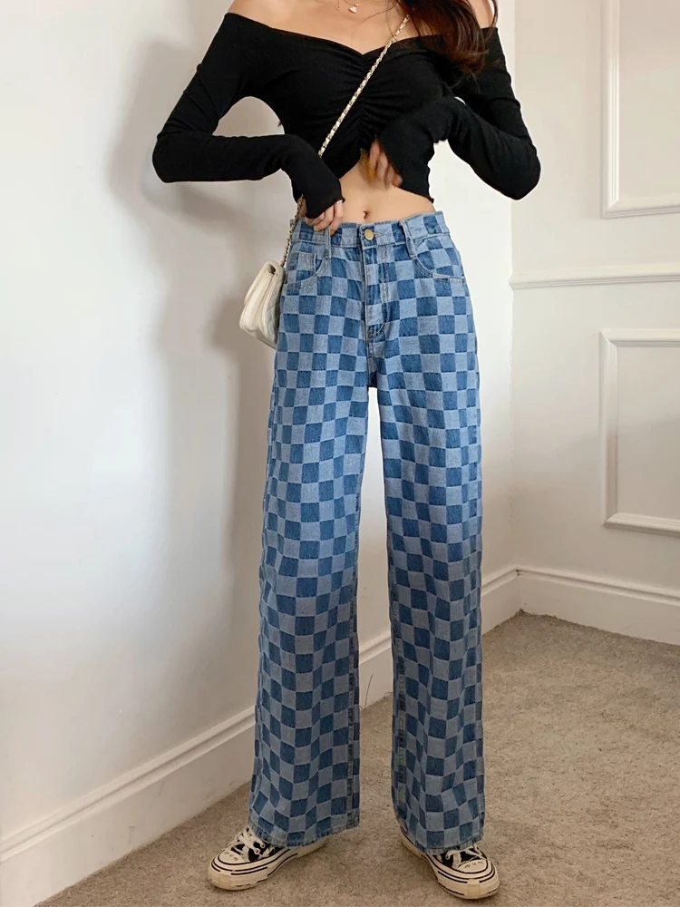 

Джинсы женские широкие брюки Harajuku клетчатые Джинсы женские винтажные свободные прямые брюки женские брюки размера плюс джинсы с высокой та...