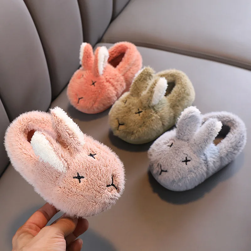 

Winter Boys and Girls Cotton-padded Shoes Cute 1-2y Home Slippers Big Rabbits Prints Little Kids Flat Shoes Warm Indoor Shoes