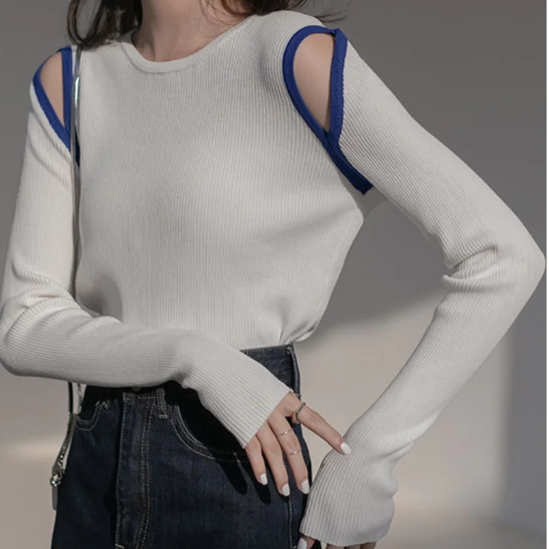 

Женский трикотажный пуловер с открытыми плечами, белый Повседневный облегающий пуловер с длинным рукавом, весна-осень 2021