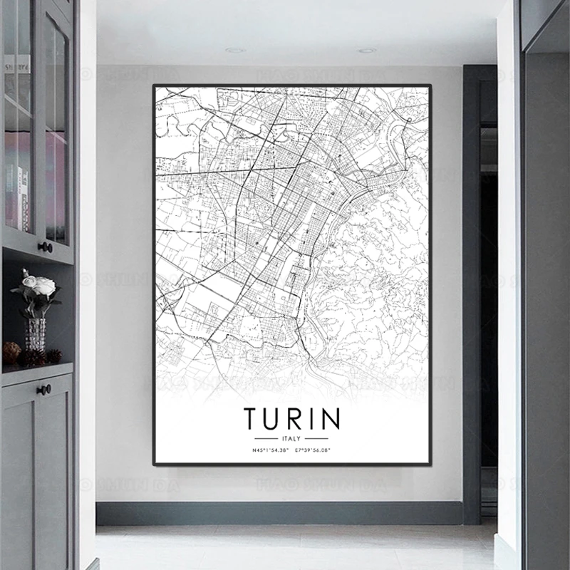 Черно-белая фотография Италия Турин карта плакат HD печать настенное искусство