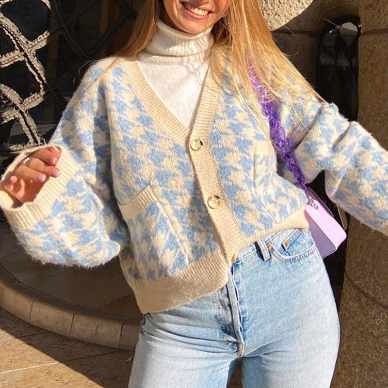 

England Style Print Sweater Women Warm Winter 2021 V Neck Single Breated Long Sleeve Sweater Casual Female Tops Fashion New