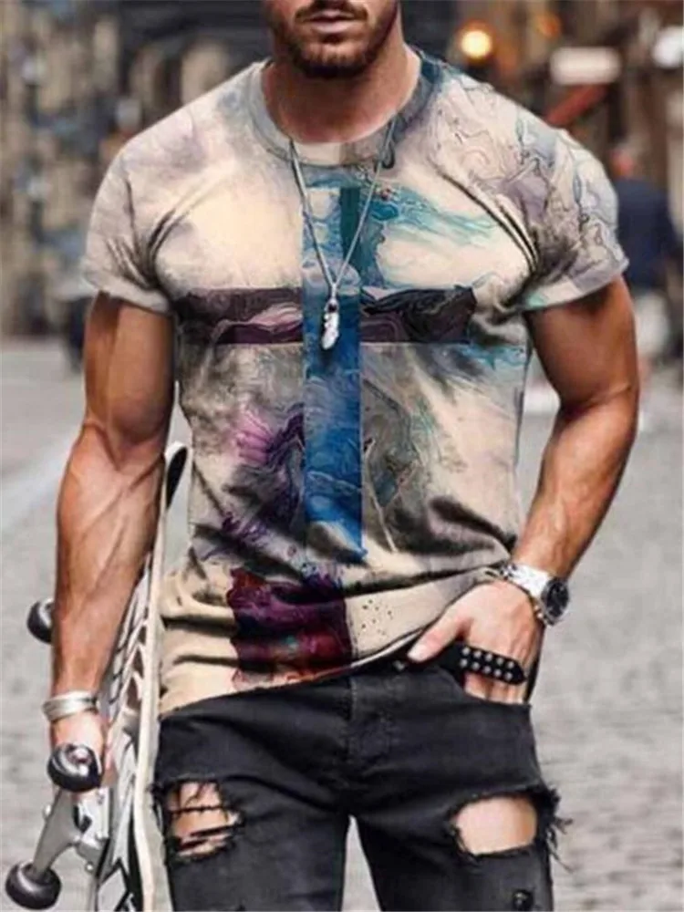 

2021 new men's T-shirt cross print crew neck short sleeve Street trend t