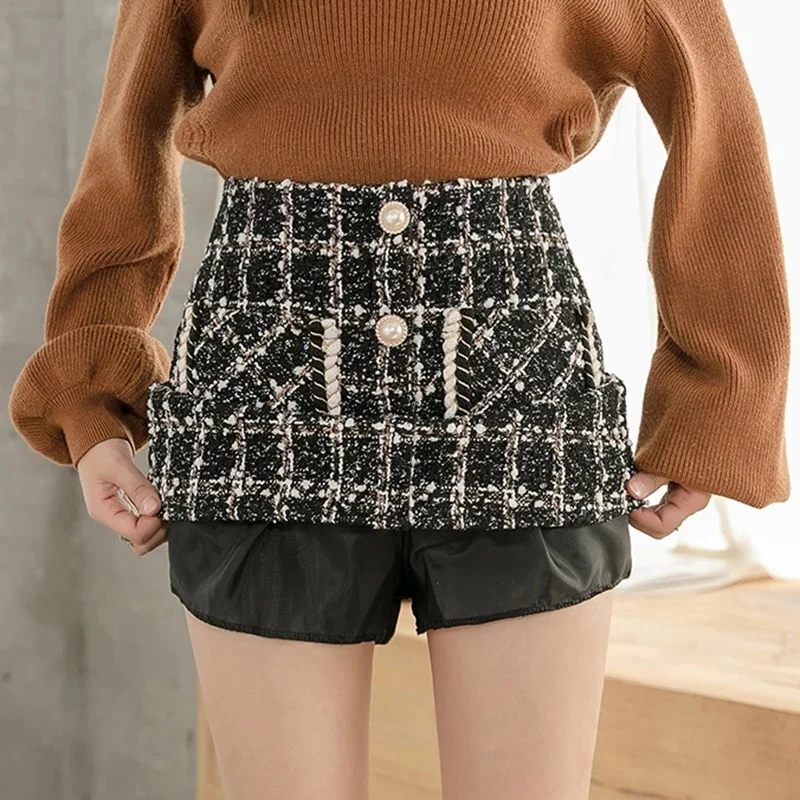 

Tweed Skirts Women Button Mini Pencil Skirts Plaid Wool Skirts n High Waist Elegant Skirt Spring Y2k Lady Above Knee, Mini