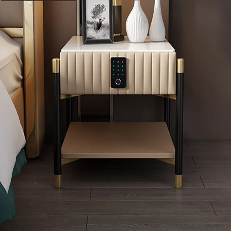 

Light luxury postmodern smart bedside cabinet bedroom shelf storage cabinet net red leather bedside cabinet creative storage cab